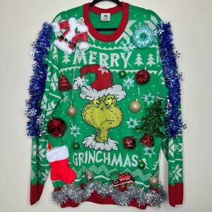 Ugly Christmas Sweater Grinch LIGHTS UP Tacky Tinsel Xmas Party Winner Size XL